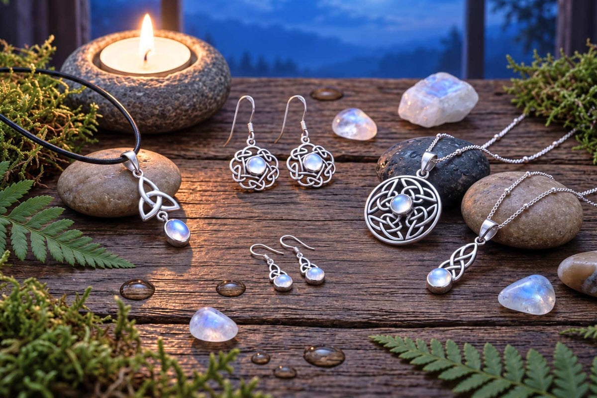 Mondstein Schmuck aus Silber mit keltischen Knoten auf einem Holztisch, daneben Kerze, Farn und rohe Mondsteine unter Mondsichel