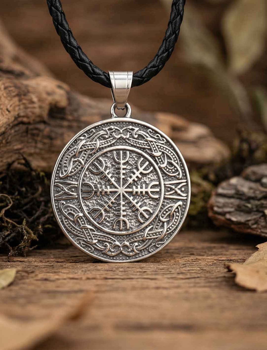 Aegis des Nordens nordischer Schutzanhänger mit geflochtener schwarzer Lederkette