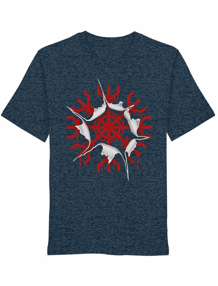 Dunkelblau meliertes T-Shirt mit rotem aegishjalmur Schutzsymbol auf weißem Hintergrund