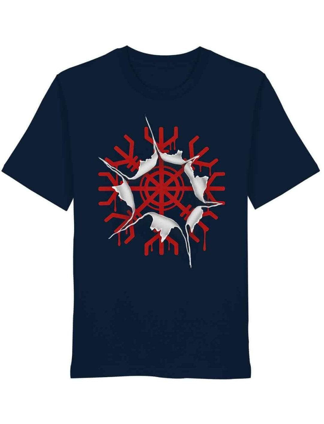 Navyblaues T-Shirt mit rotem Helm der Ehrfurcht aegishjalmur Print auf weißem Hintergrund