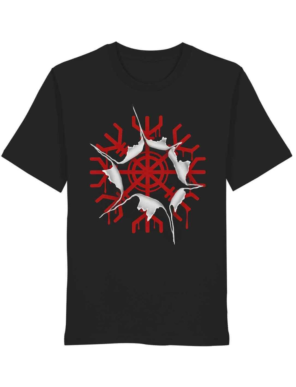 Schwarzes T-Shirt mit rotem aegishjalmur Schutzsymbol im Riss-Effekt auf weißem Hintergrund
