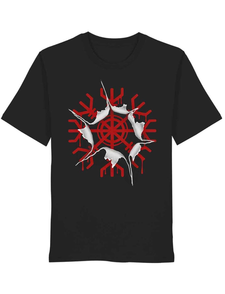 Schwarzes T-Shirt mit rotem aegishjalmur Schutzsymbol im Riss-Effekt auf weißem Hintergrund