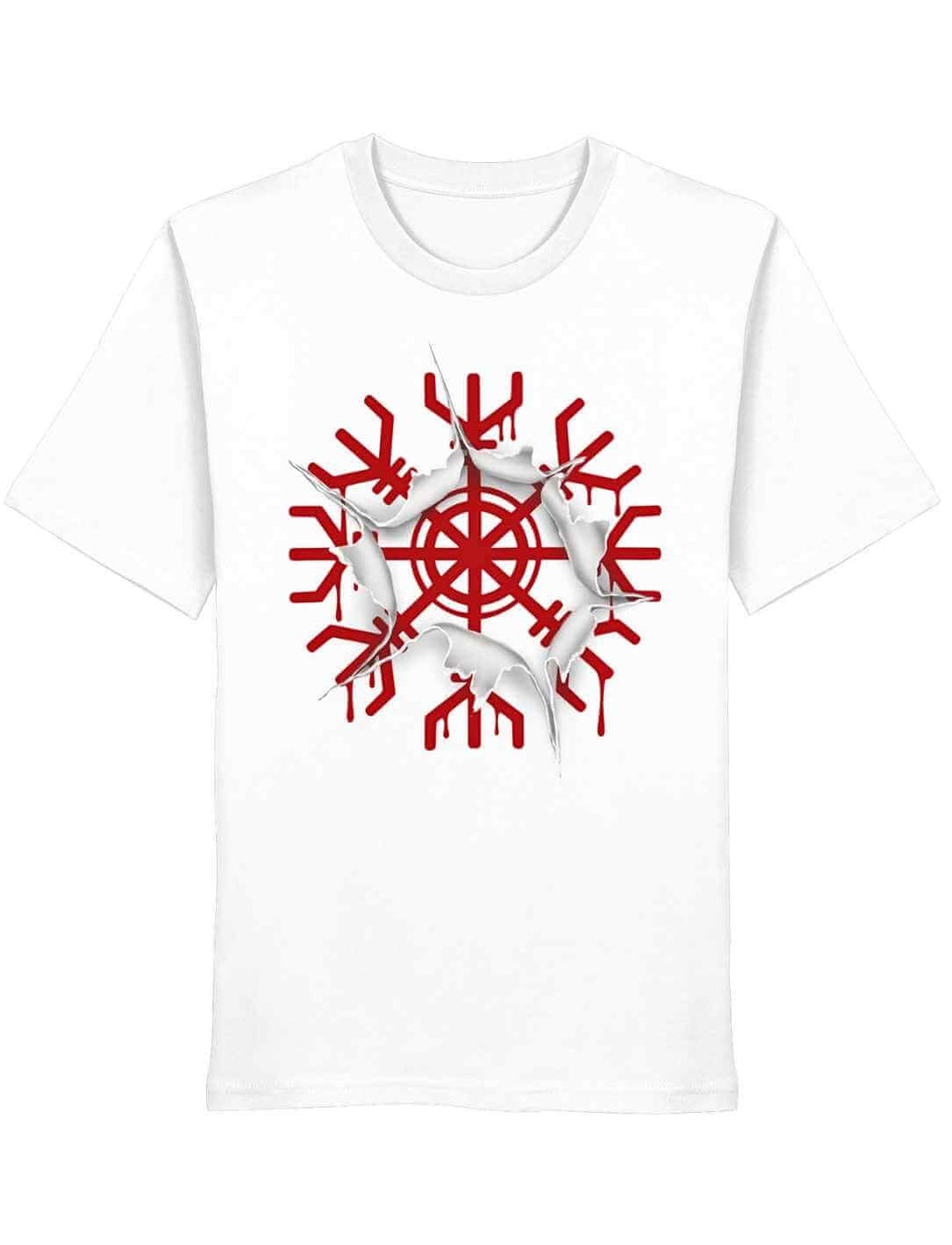 Weißes T-Shirt mit rotem aegishjalmur Motiv im Durchbruch-Design auf weißem Hintergrund