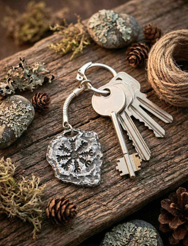 Aegishjálmur Runenkreis Schlüsselanhänger aus Zink auf Holzuntergrund mit Schlüsseln