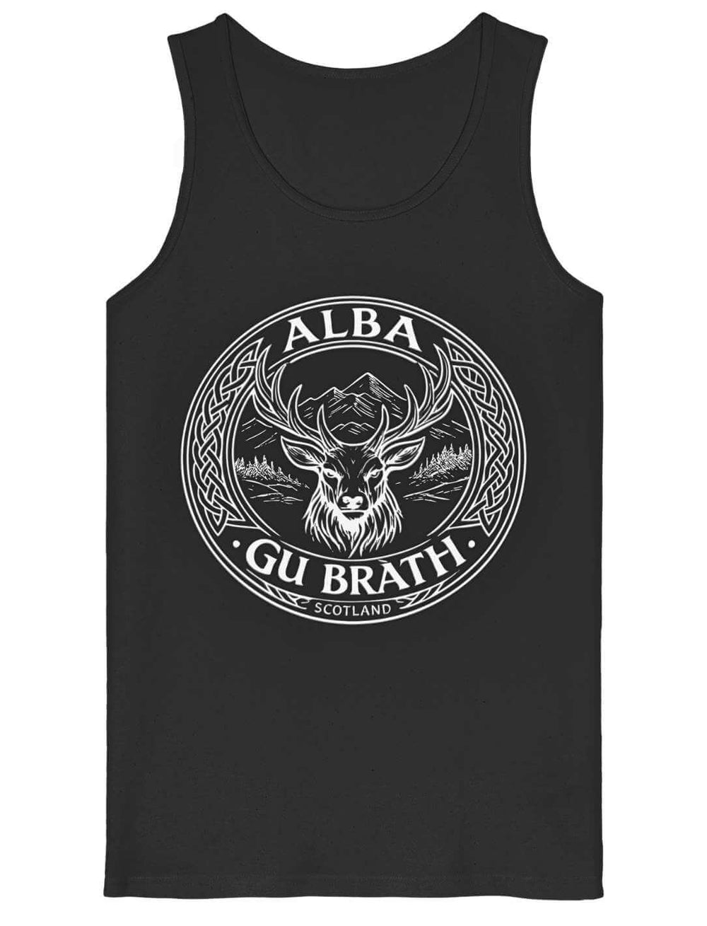 Herren Tank Top schwarz mit Alba Gu Brath Hirsch-Design und keltischen Ornamenten – Frontansicht