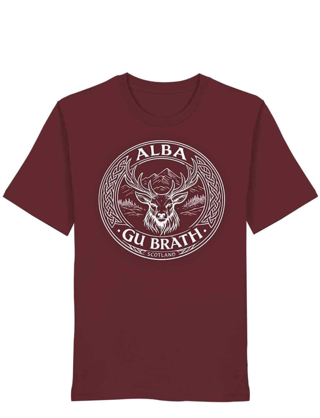 Alba gu bràth Unisex T-Shirt Burgund mit keltischem Hirsch Emblem auf weißem Hintergrund