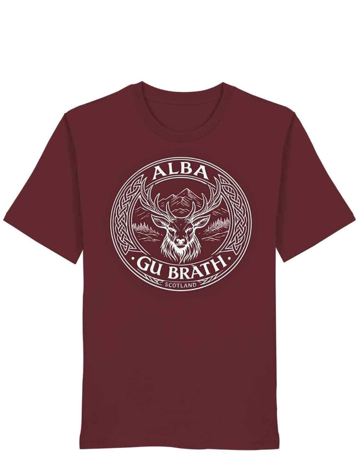 Alba gu bràth Unisex T-Shirt Burgund mit keltischem Hirsch Emblem auf weißem Hintergrund