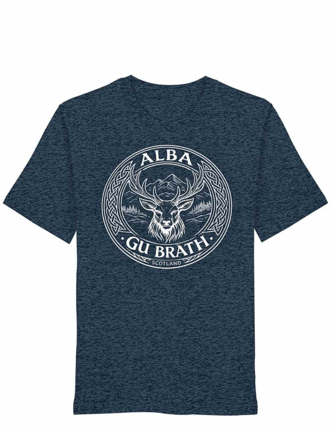 Alba gu bràth Unisex T-Shirt Dark Heather Blue mit rundem Hirsch Emblem auf weißem Hintergrund