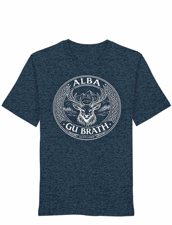 Alba gu bràth Unisex T-Shirt Dark Heather Blue mit rundem Hirsch Emblem auf weißem Hintergrund