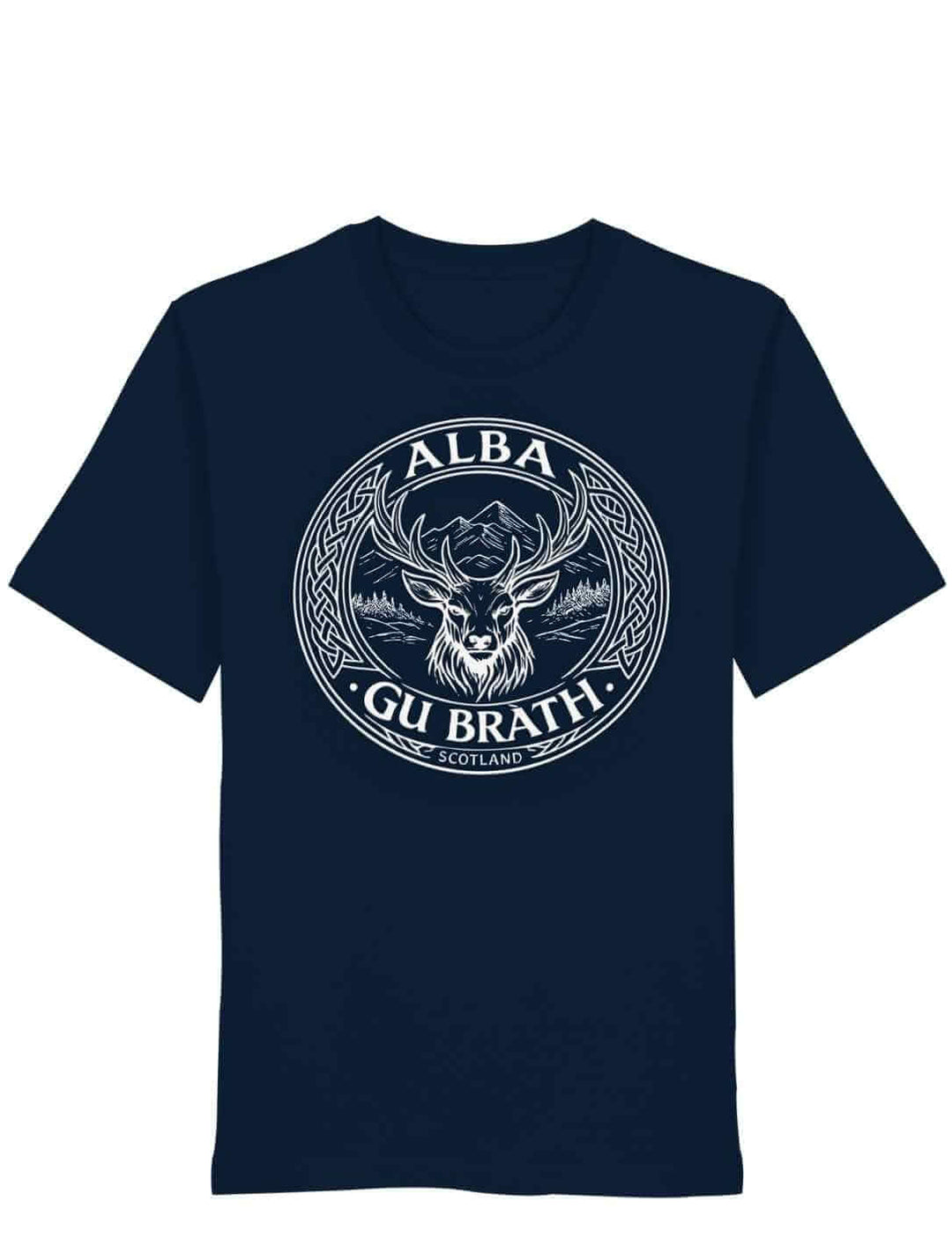 Alba gu bràth Unisex T-Shirt French Navy mit schottischem Hirsch Motiv freigestellt