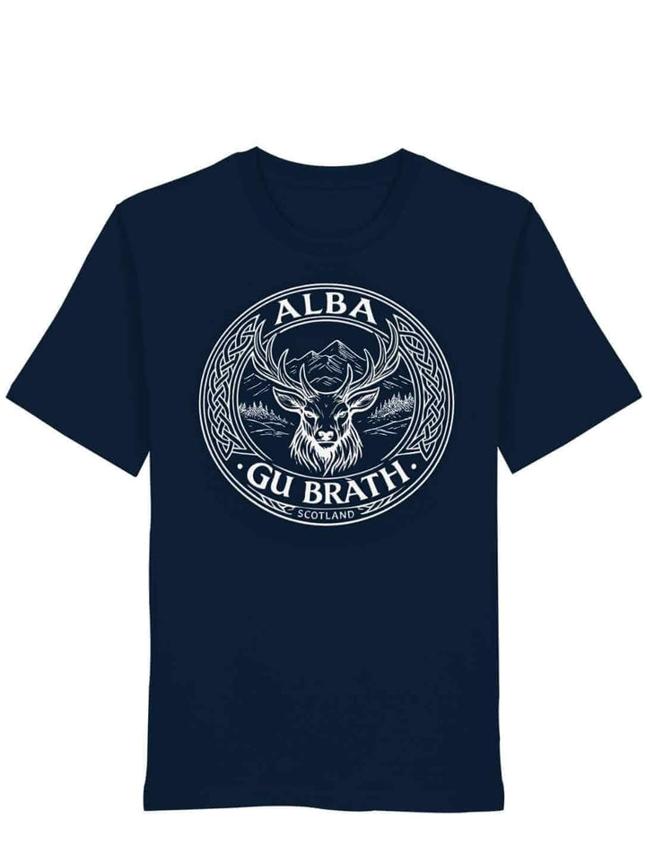 Alba gu bràth Unisex T-Shirt French Navy mit schottischem Hirsch Motiv freigestellt