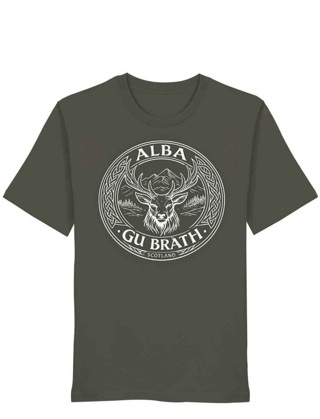 Alba gu bràth Unisex T-Shirt Khaki mit rundem Hirsch Wappen auf weißem Hintergrund