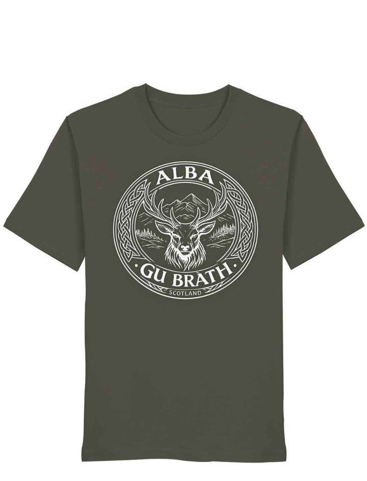 Alba gu bràth Unisex T-Shirt Khaki mit rundem Hirsch Wappen auf weißem Hintergrund