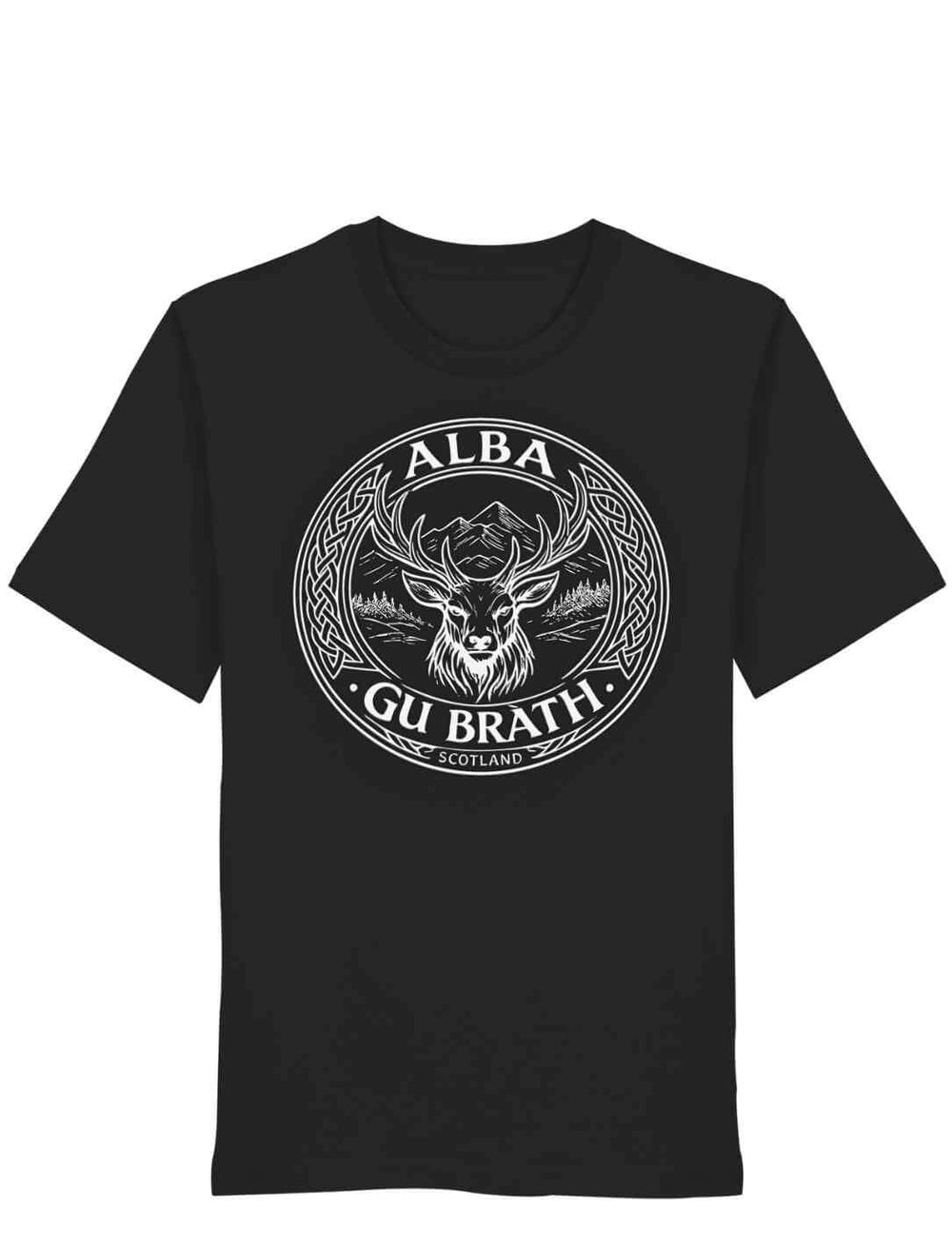 Alba gu bràth Unisex T-Shirt Schwarz mit keltischem Hirsch und Schriftzug Vorderansicht
