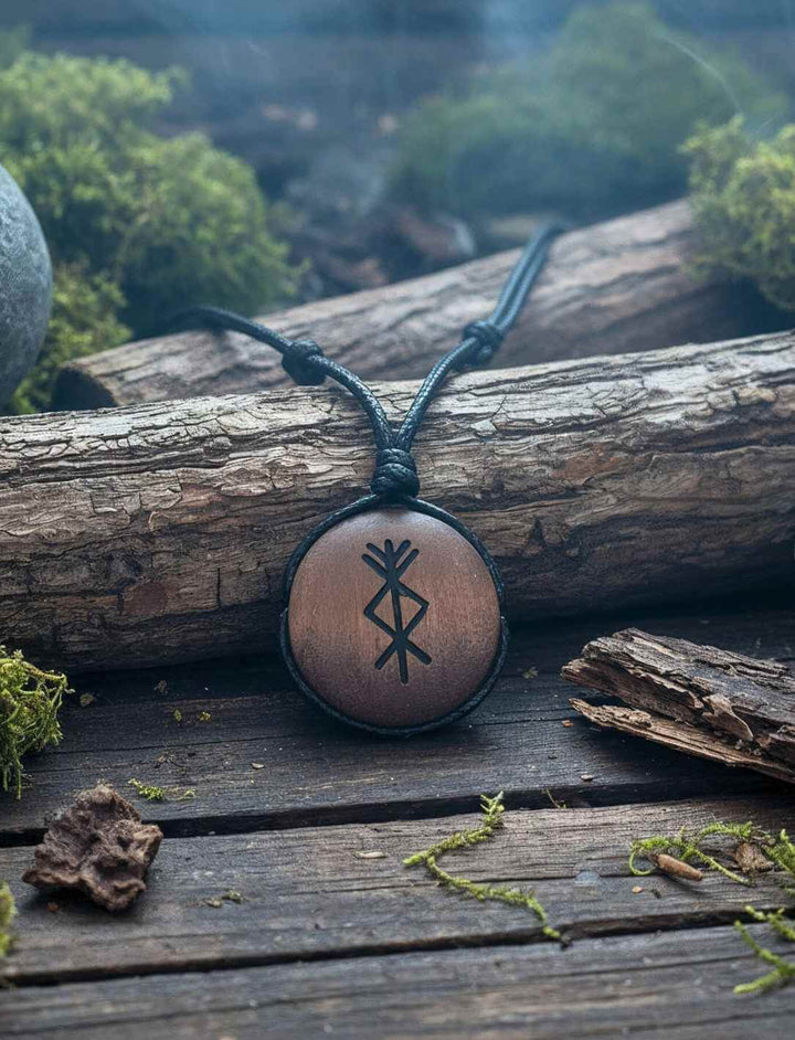 🎁 Amulett der Runenkraft – Holzanhänger mit Binderunen (Geschenk)