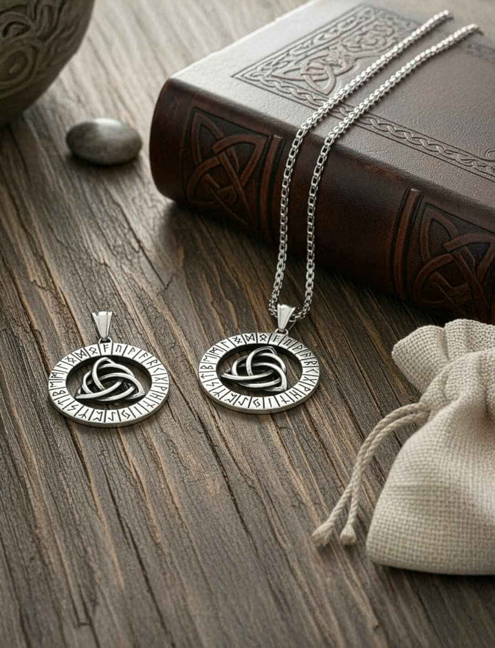 Keltisch-nordisches Edelstahl-Amulett mit Triquetra und Runen, gezeigt mit Kette und Schmuckbeutel – Symbol für Stärke und Einheit