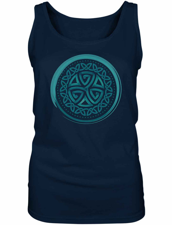 Aqua Triskele Knoten Damen Tanktop in Navy auf weißem Hintergrund – Keltisches Triskele-Symbol, ideal für Liebhaber von Mythen und Legenden.