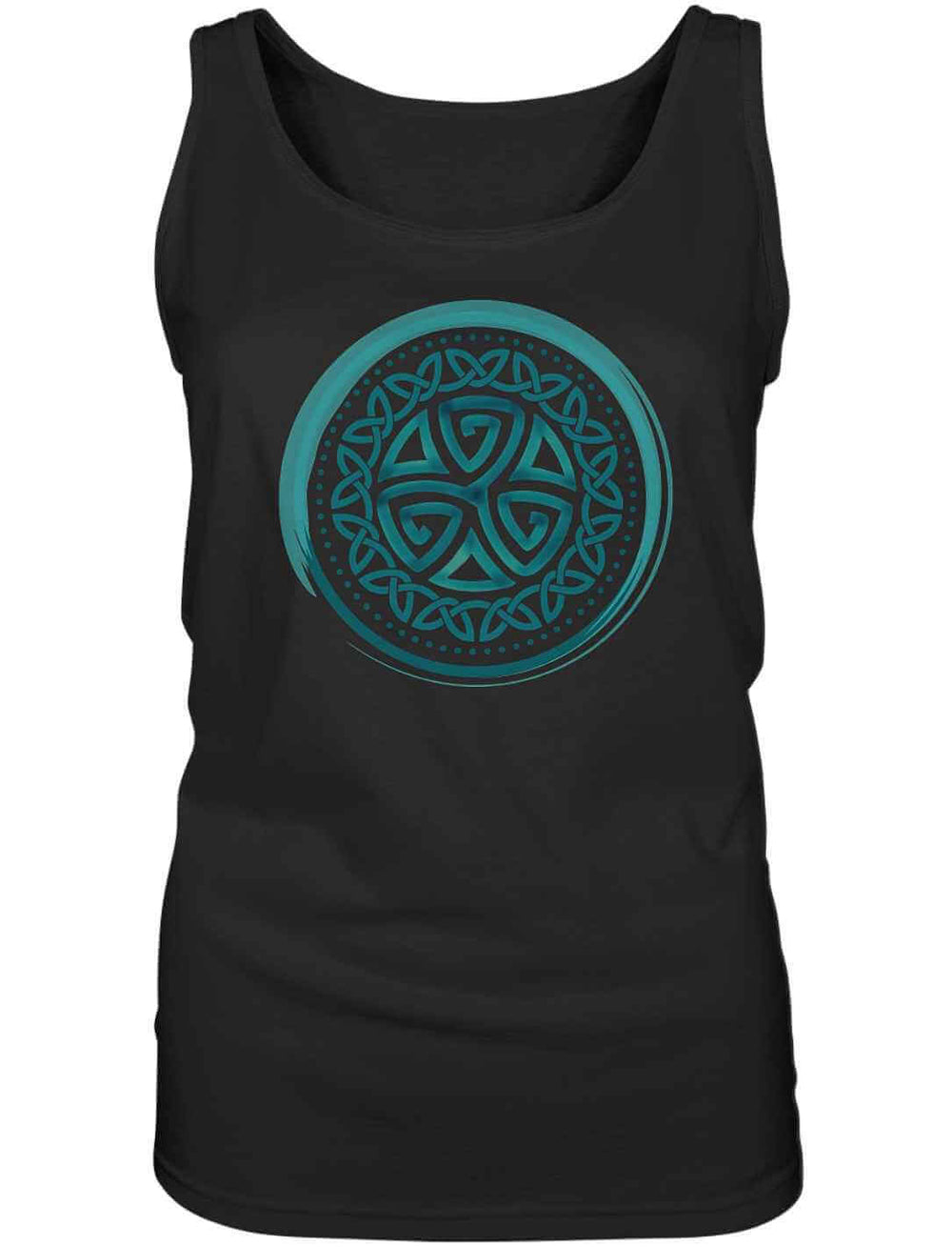 Aqua Triskele Knoten Damen Tanktop in Schwarz auf weißem Hintergrund – Keltisches Symbol mit stilvollem Design, inspiriert von Natur und Ewigkeit.