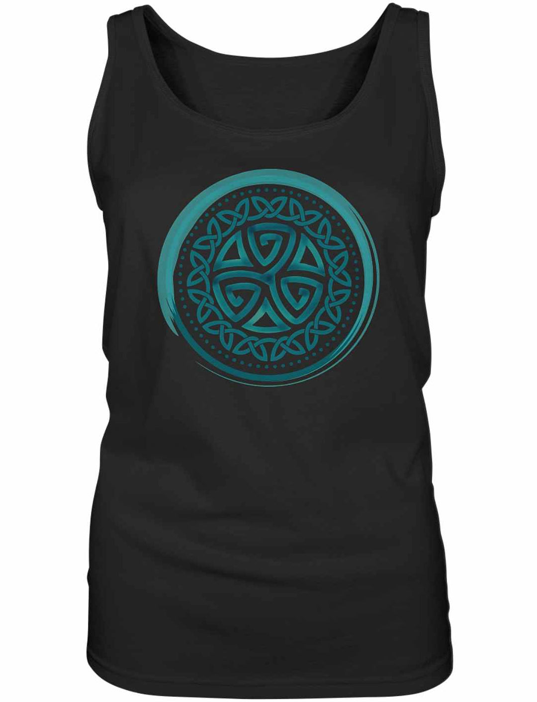 Aqua Triskele Knoten Damen Tanktop in Schwarz auf weißem Hintergrund – Keltisches Symbol mit stilvollem Design, inspiriert von Natur und Ewigkeit.