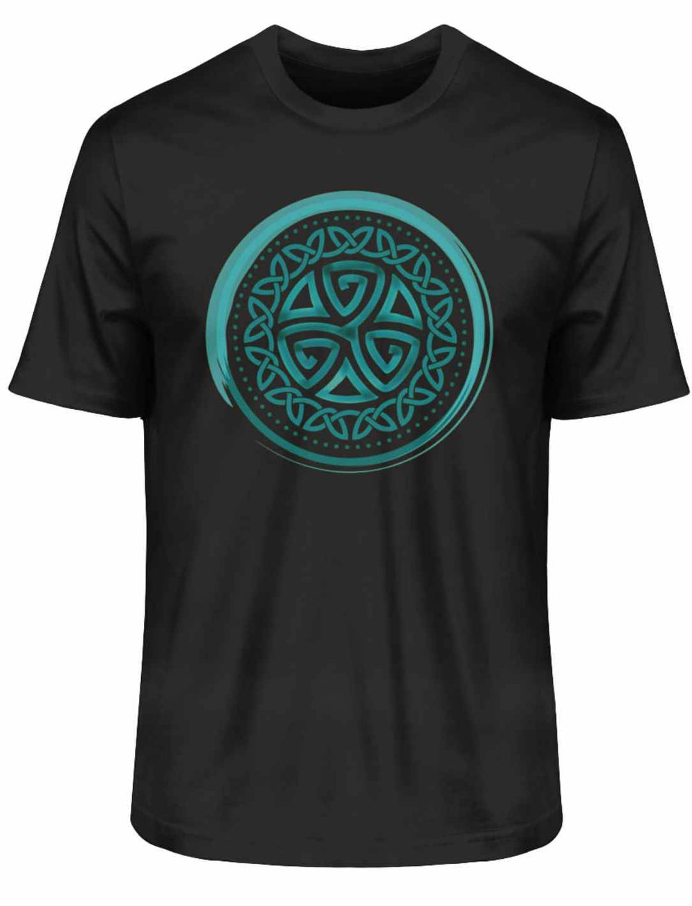 Schwarzes Aqua Triskele Knoten Shirt, inspiriert vom Meer, auf weißem Hintergrund