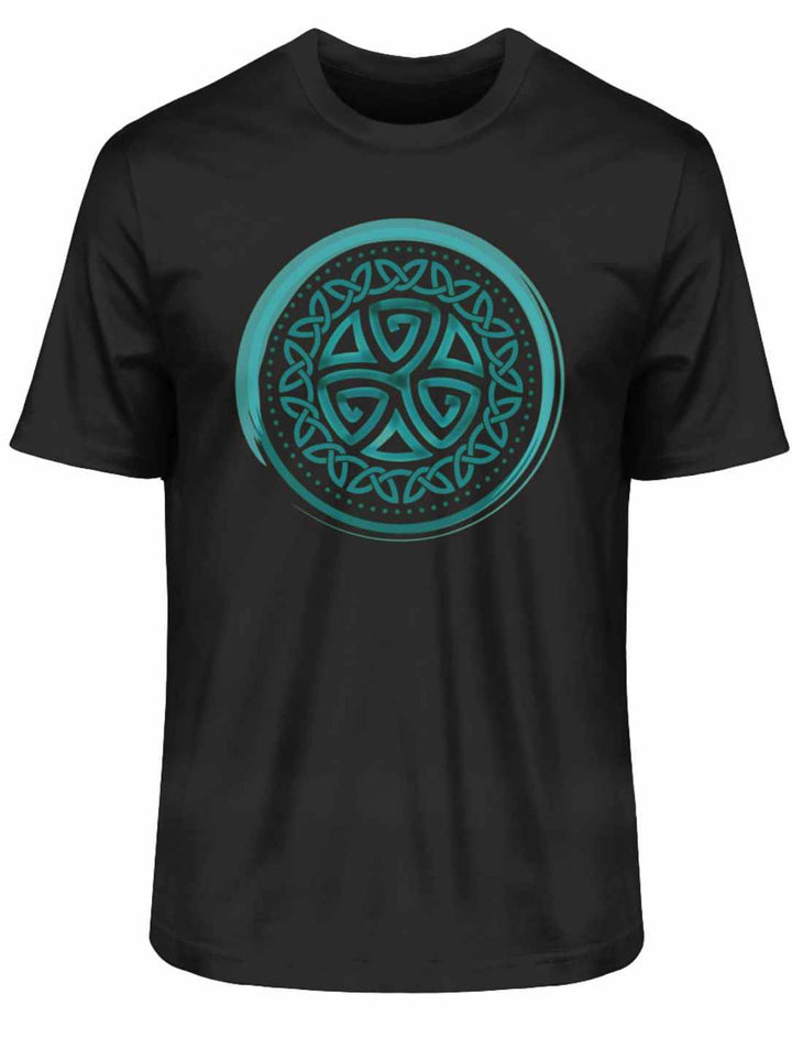 Schwarzes Aqua Triskele Knoten Shirt, inspiriert vom Meer, auf weißem Hintergrund