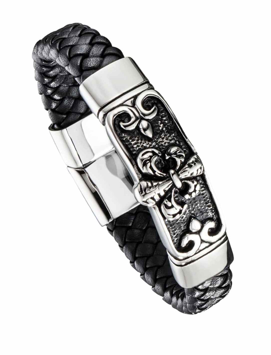 Schwarzes Armband der Noblesse – Lederarmband mit Edelstahlschließe und Fleur-de-Lis-Motiv auf weissem Hintergrund.