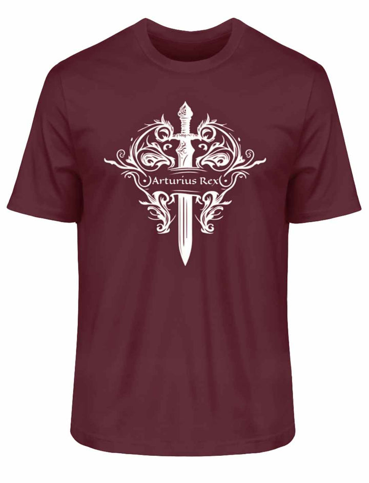 Arturius Rex"-T-Shirt in Burgund zeigt das legendäre Excalibur und keltische Symbole auf weißem Hintergrund.