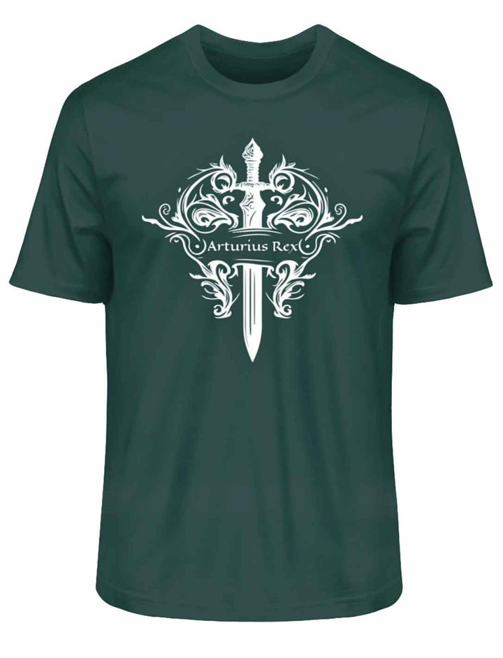 Grünes "Arturius Rex"-T-Shirt mit Excalibur und keltischen Symbolen auf weißem Hintergrund.