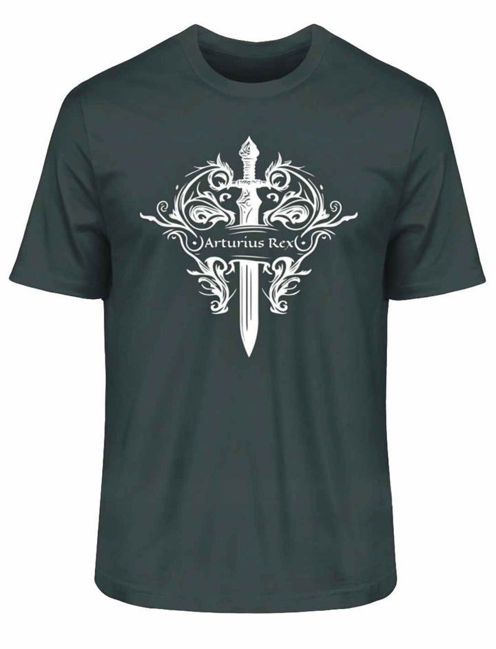 "Arturius Rex"-T-Shirt mit Excalibur und keltischen Symbolen auf weißem Hintergrund.