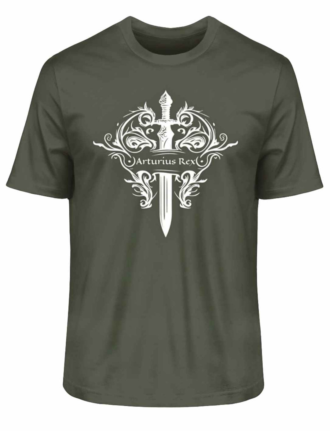 Arturius Rex"-T-Shirt zeigt das legendäre Excalibur und keltische Symbole auf weißem Hintergrund.