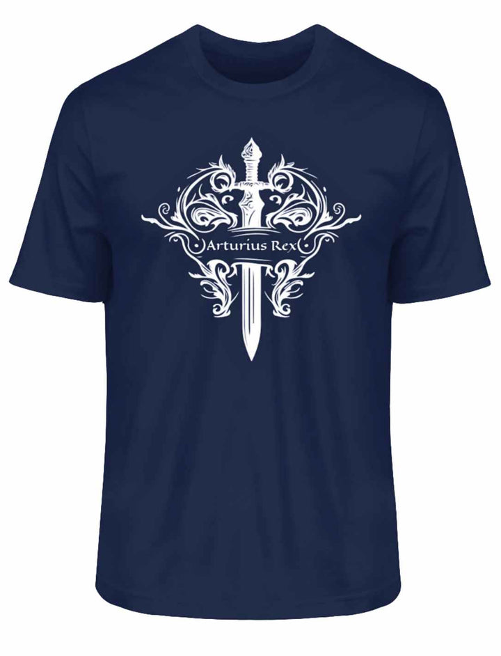 Navyblaues "Arturius Rex"-T-Shirt mit Excalibur und keltischen Symbolen auf weißem Hintergrund.