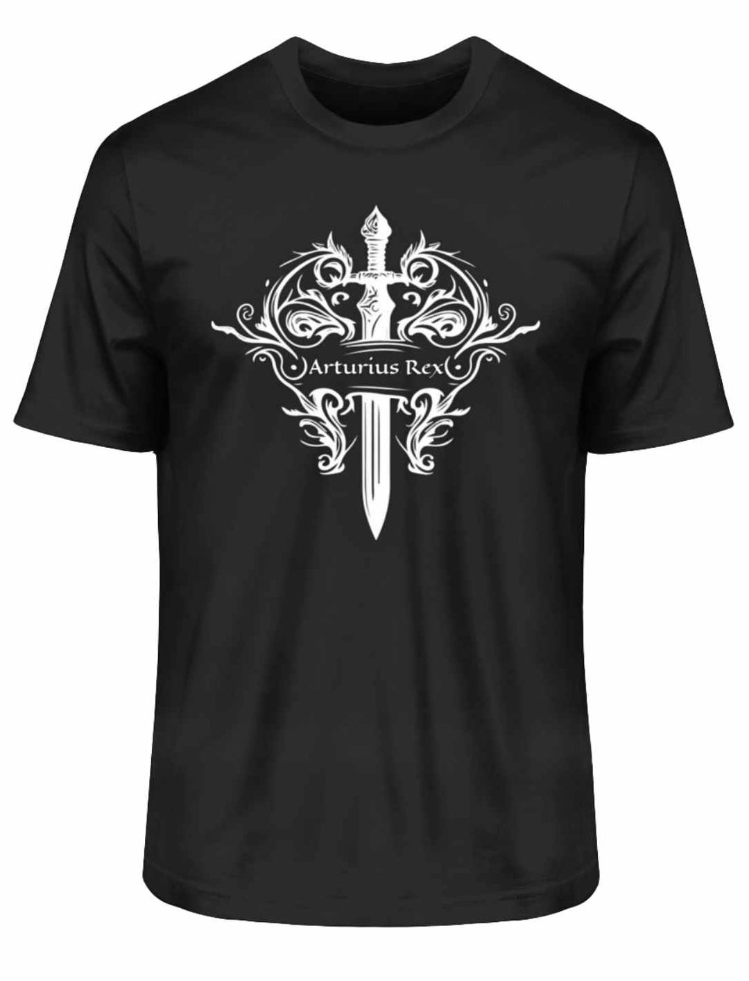 Mystisches "Arturius Rex"-T-Shirt in Schwarz mit Excalibur und keltischen Symbolen auf weißem Hintergrund.