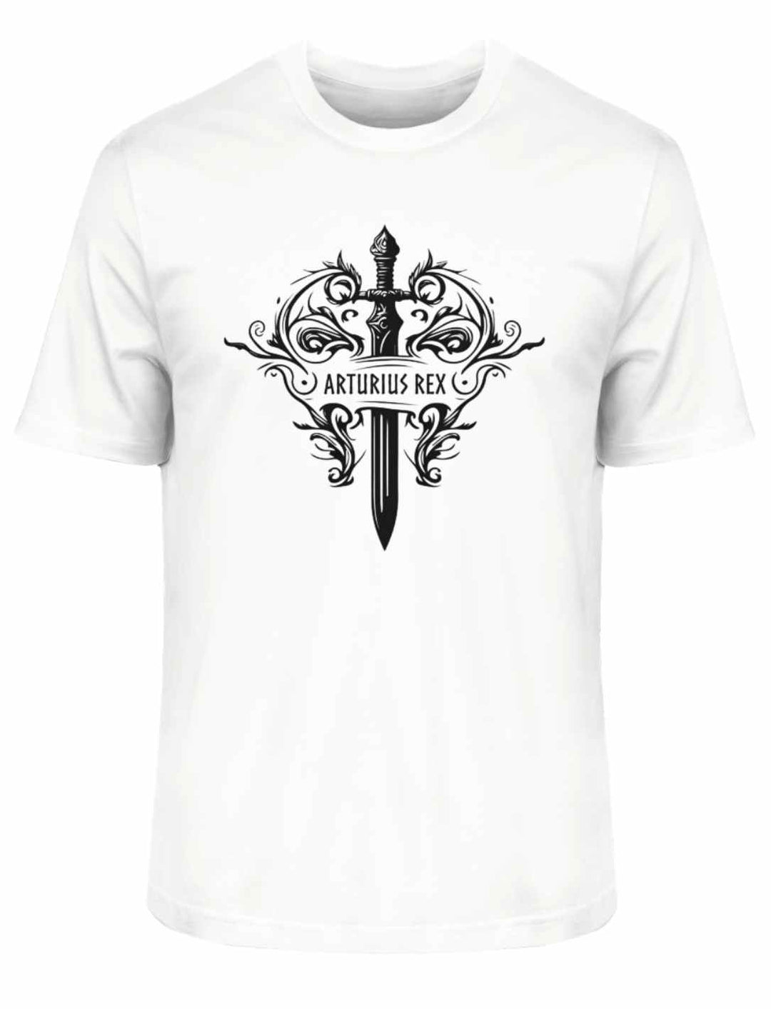 "Arturius Rex"-T-Shirt in Weiss zeigt das legendäre Excalibur und keltische Symbole auf weißem Hintergrund.