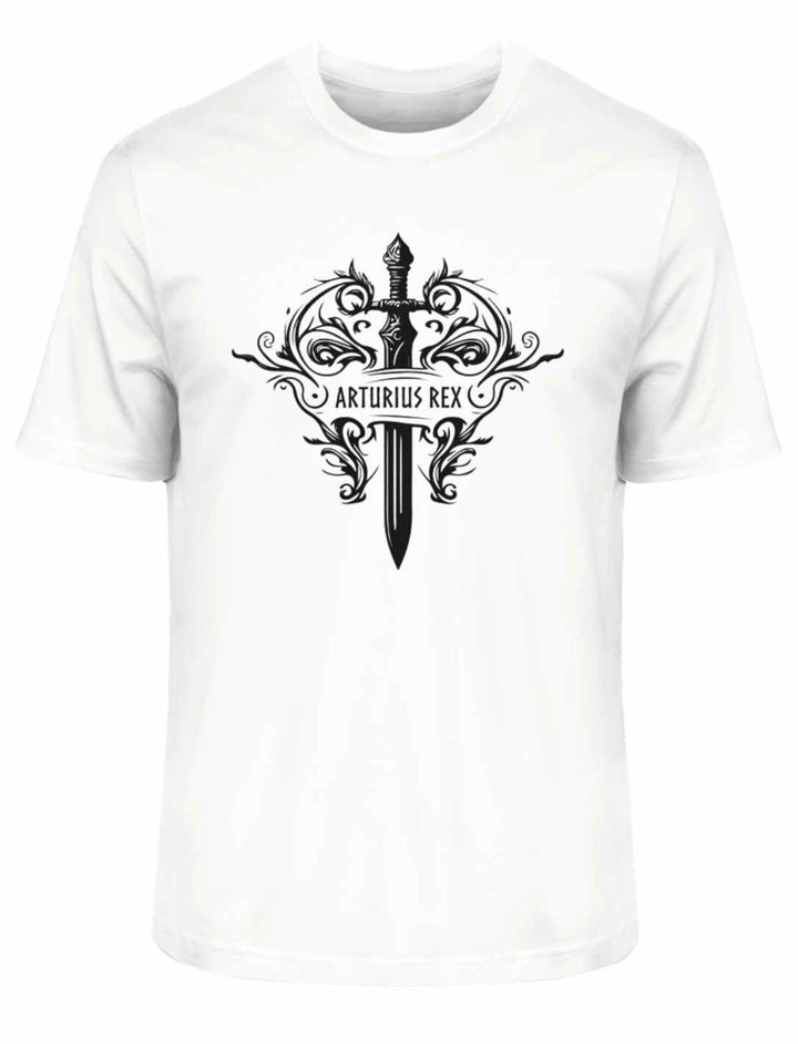 "Arturius Rex"-T-Shirt in Weiss zeigt das legendäre Excalibur und keltische Symbole auf weißem Hintergrund.