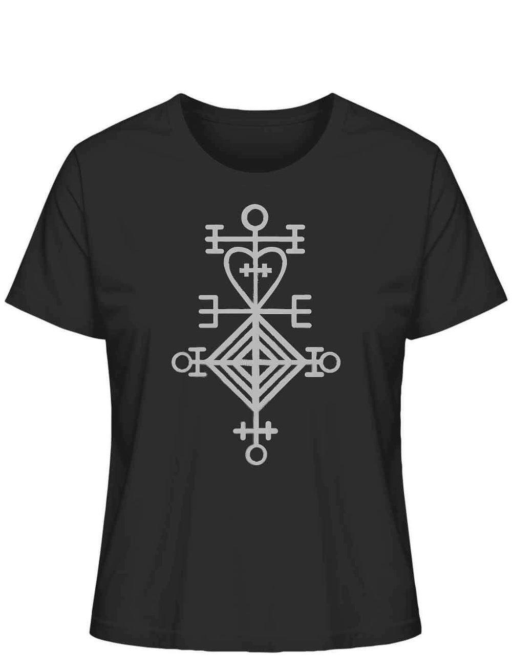 Astarstafur Damen T-Shirt in Schwarz auf weißem Hintergrund – Kraftvolles isländisches Symbol für Liebe und Schutz, inspiriert von nordischer Tradition