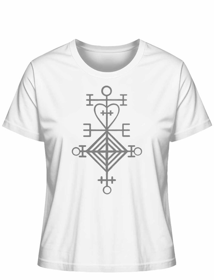 Astarstafur Damen T-Shirt in Weiss auf weissem Hintergrund – Weisses T-Shirt mit dem isländischen Symbol des Astarstafur, das Liebe und Schutz symbolisiert.