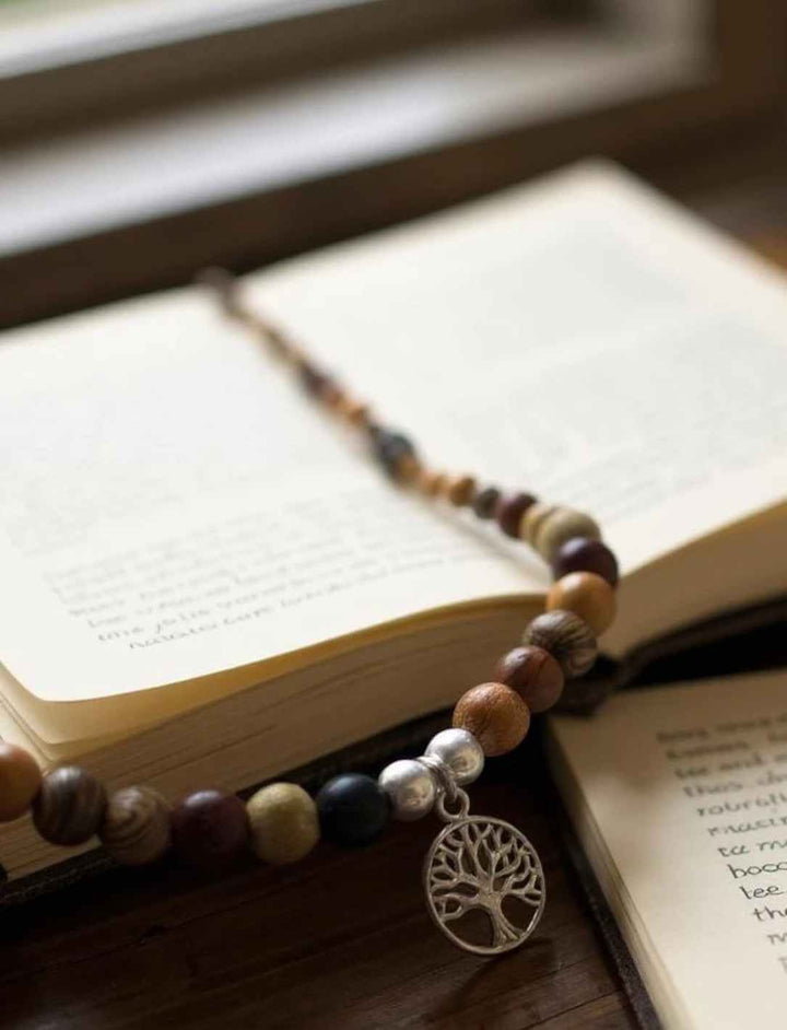 Handgefertigter Holzperlen-Choker mit silbernem Lebensbaum-Anhänger, drapiert über einem geöffneten Buch