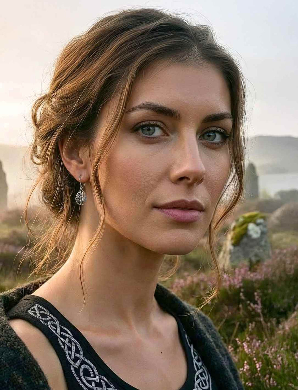 Frau trägt Lebensbaum Silberohrringe in Blattform vor Landschaft mit Steinen und Heidekraut