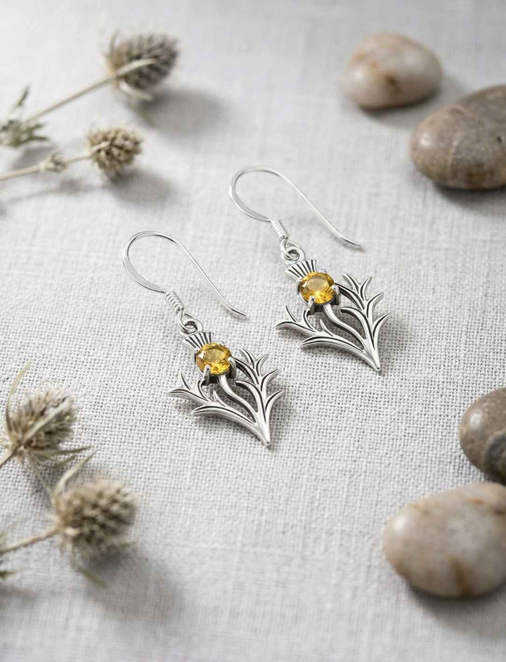 Schottische Distel Ohrringe aus 925 Sterling Silber mit Citrin auf Naturstoff
