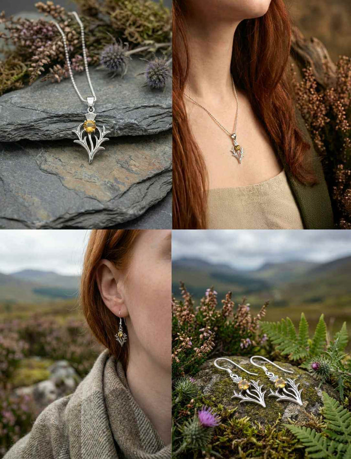 SET mit Ohrringen und Anhänger von Thistle of Caledonia, verschiedene Aufnahmen von Model und Naturumgebung.