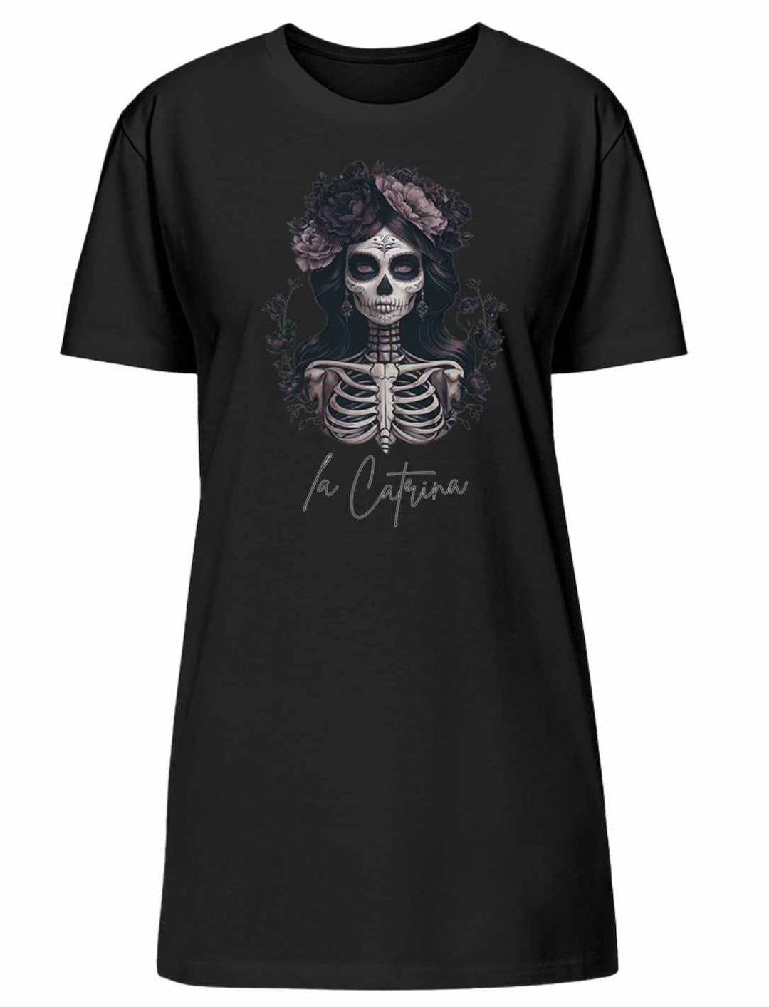 Catrina Deluxe T-Shirt Kleid in Schwarz – Elegantes Damenkleid mit Catrina-Design aus 100% Bio-Baumwolle auf weissem Hintergrund fotografiert.