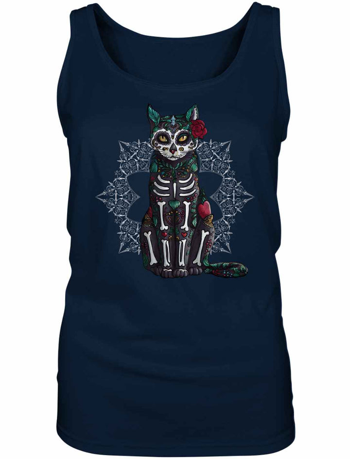 Catrina Felina Damen Tank Top in Navy – Mystisches und kunstvolles Design, inspiriert von Día de los Muertos.