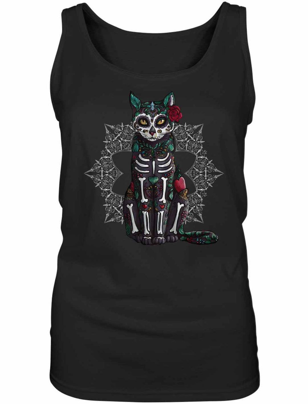 Catrina Felina Damen Tank Top in Schwarz – Mystisches Design im Día de los Muertos Stil auf 100% Baumwolle.