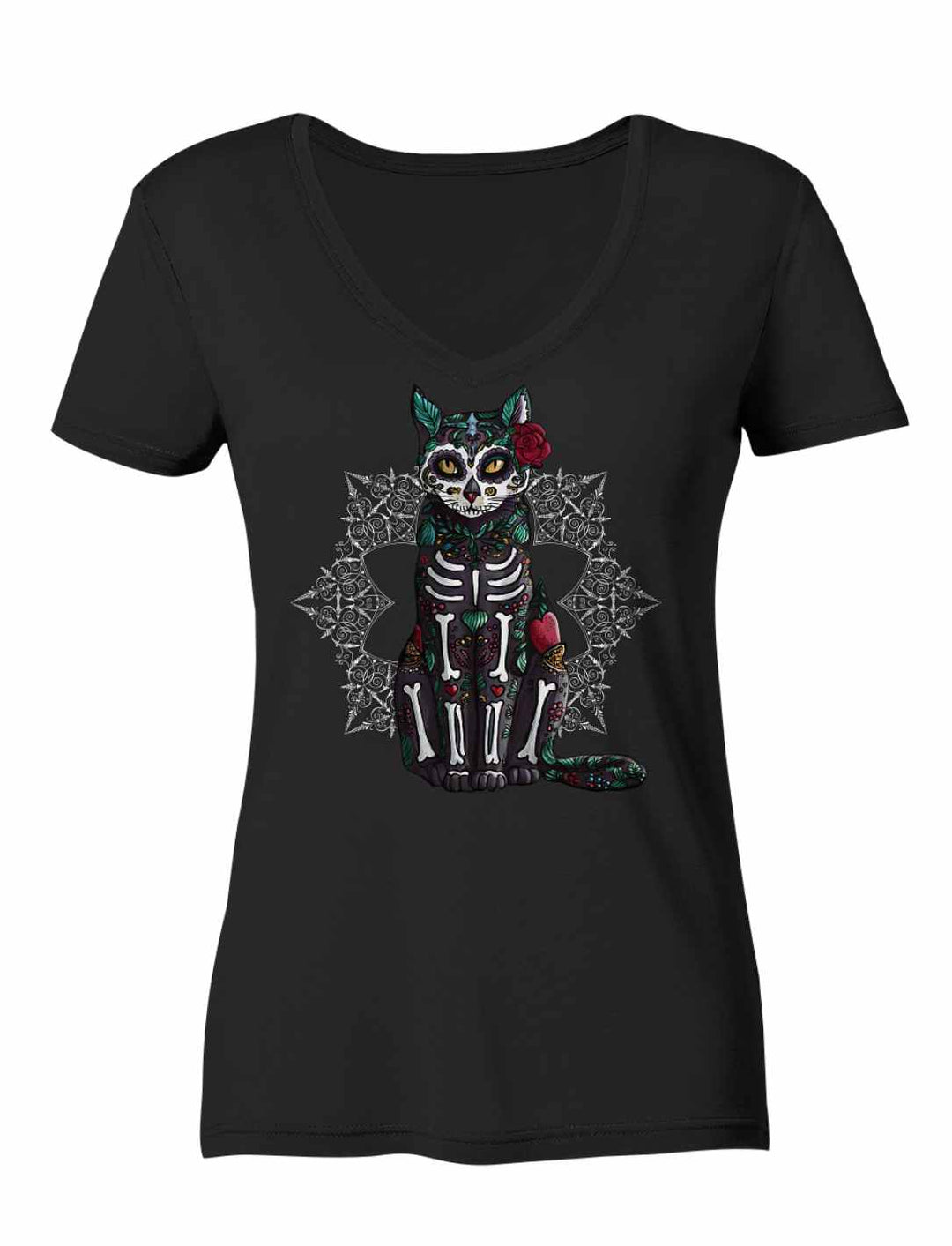 Catrina Felina Damen V-Neck Shirt in Schwarz auf weißem Hintergrund