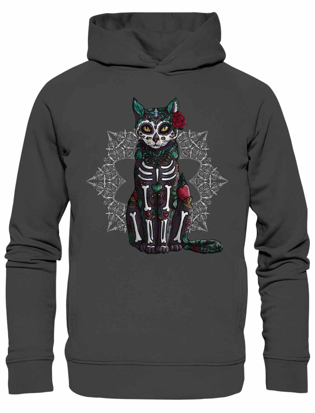 Ein anthrazitfarbener Catrina Felina Unisex Hoodie mit lebendigem Design von Katze & mexikanischer Mystik, aufgenommen auf weißem Hintergrund.