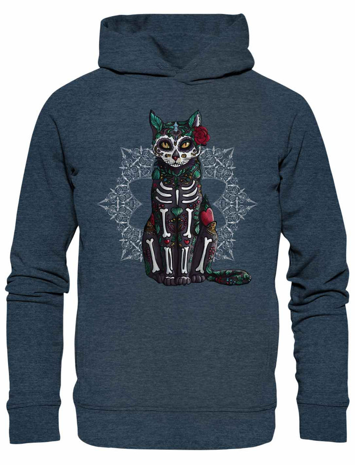 Ein Catrina Felina Unisex Hoodie in Dunkel Heather Blau mit floralen und katzeninspirierten Elementen des Día de los Muertos, dargestellt auf weißem Hintergrund.