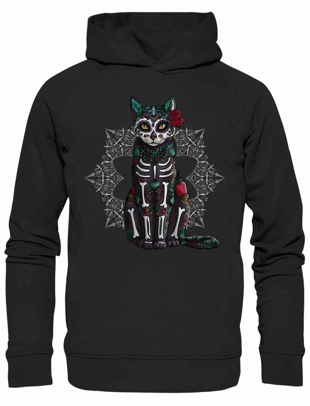 Ein Catrina Felina Unisex Hoodie in Schwarz mit detailreichem Design des Día de los Muertos und Katzengeist, fotografiert auf weißem Hintergrund.