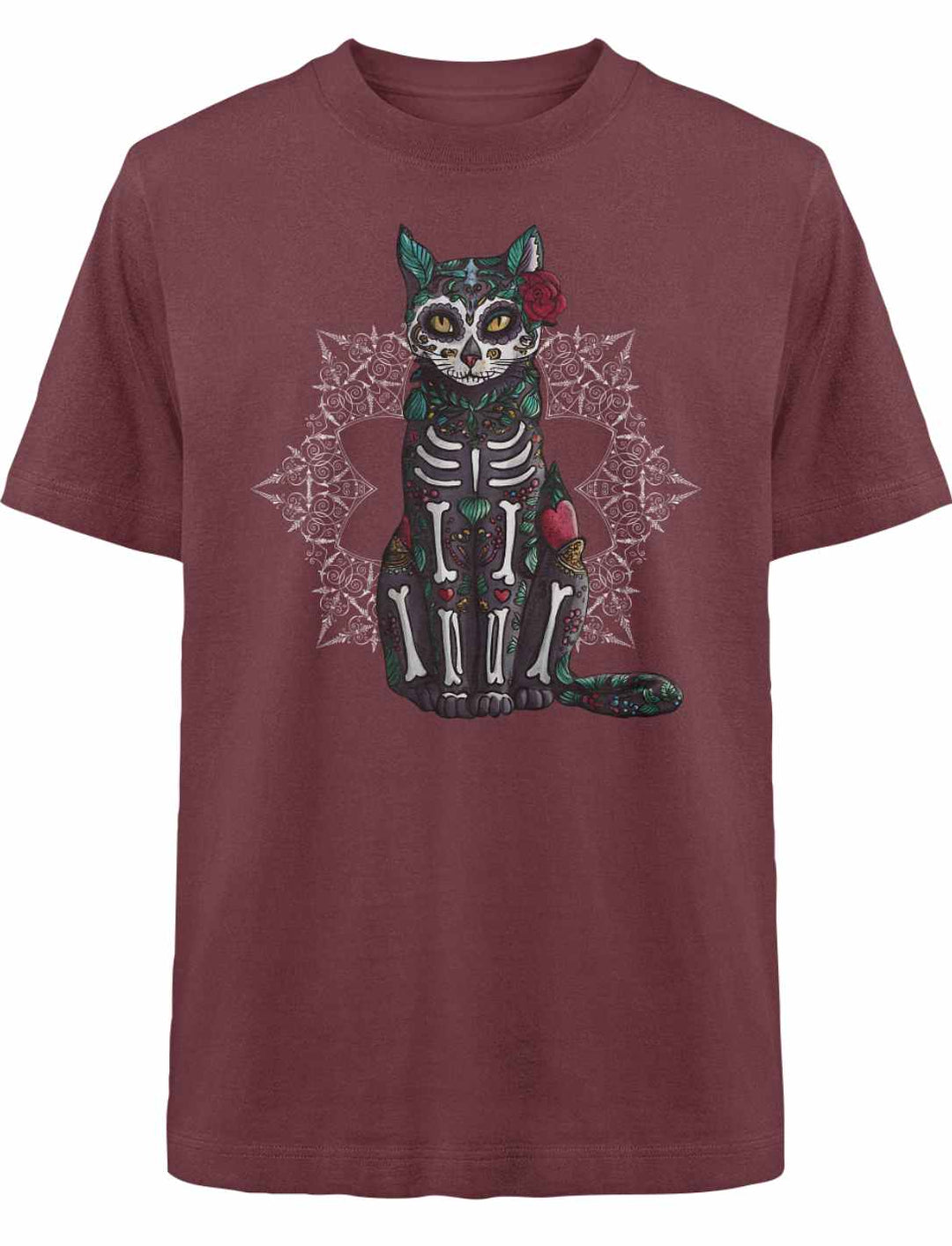 Catrina Felina Oversized Shirt in Burgund – Lässiges Design, das die Mystik der Katze und die Tiefe der mexikanischen Kultur im Oversized-Stil vereint.