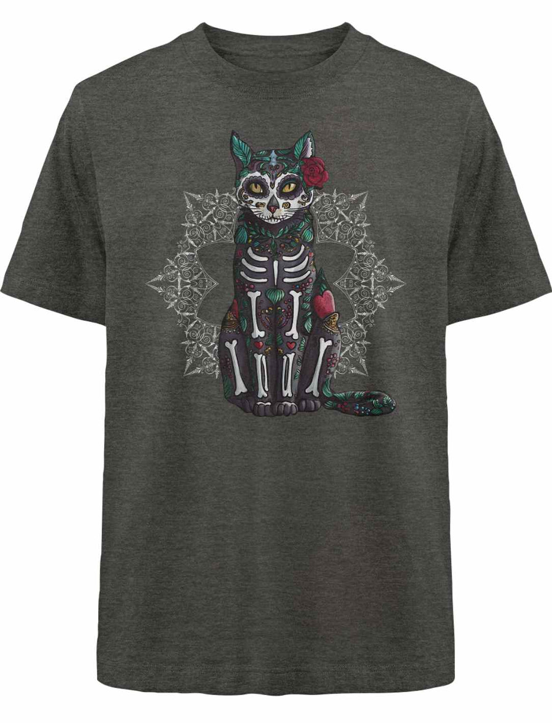 Catrina Felina Unisex Oversized Shirt in Dark Heather Grey – Ausdrucksstarke Symbolik mit einer Kombination aus Katzengeist und Día de los Muertos, im lockeren Oversized-Fit.