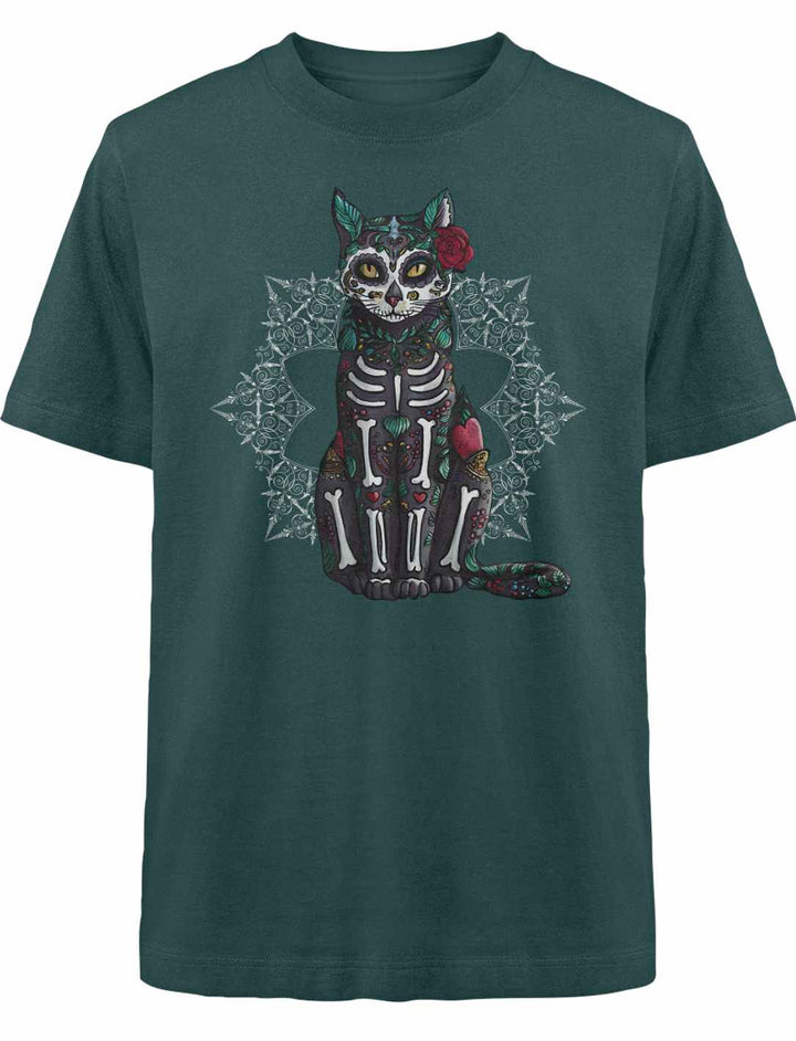 Catrina Felina Oversized Shirt in Glazed Green – Entspanntes Shirt mit mystischem Katzen-Design und farbenfrohen Details, inspiriert von der Magie des Día de los Muertos.